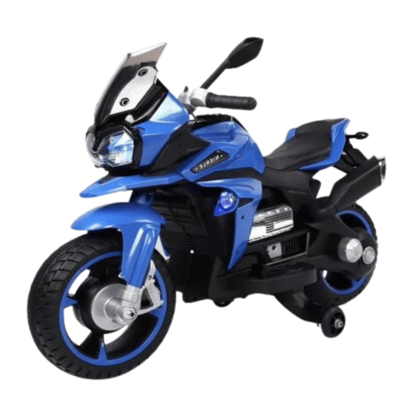 A sleek blue motorbike designed for kids, ready for fun rides and racing.