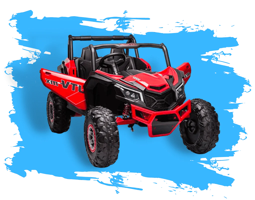 A vibrant red UTV for kids, designed for exciting off-road exploration and fun.